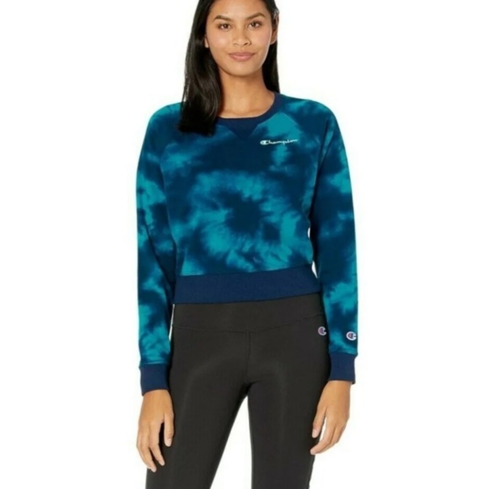 Champion Womens Tie-Dyed Crop Sweatshirt- Size Small Navy & Turquoise